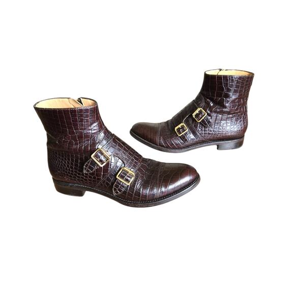 The Office Of Angela Scott Shoes - The Office of Angela Scott Mr. Dean Double Strap Croc Embossed Rare Brown Boots
